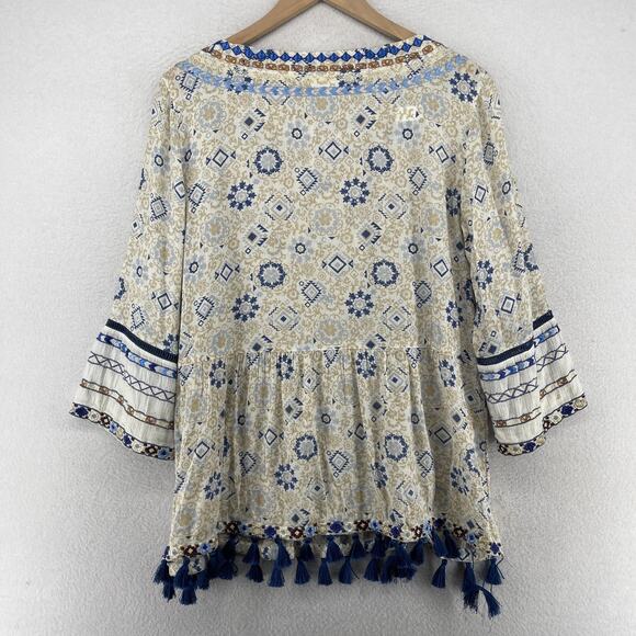 J.JILL Blouse M Boho Tasseled Tunic Embroidered Keyhole Neck 3/4 Sleeve Beige - Picture 3 of 12